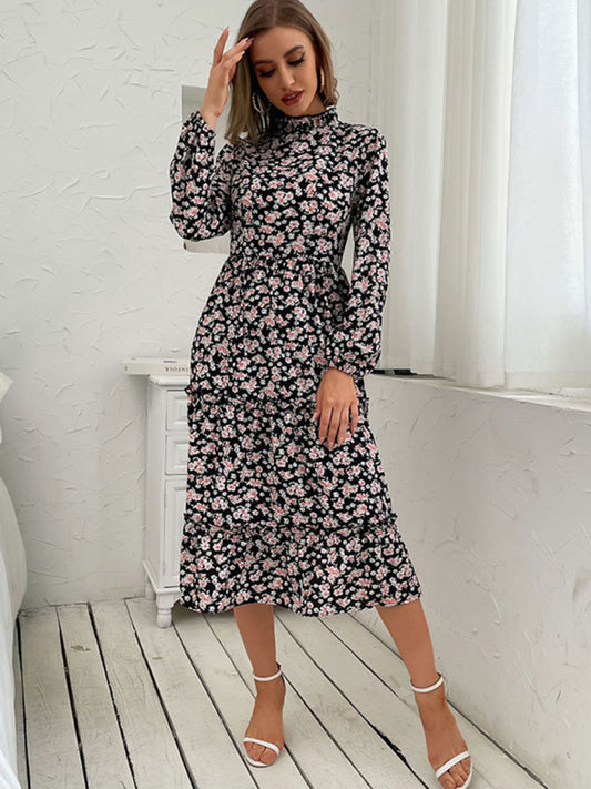 Mid-Length Turtleneck Pleated Dress – Random Print & Long Sleeves