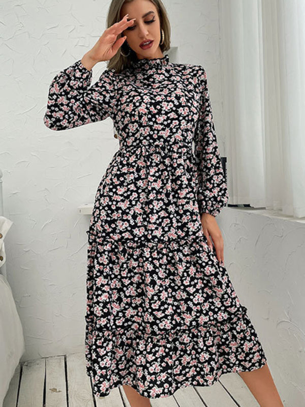Mid-Length Turtleneck Pleated Dress – Random Print & Long Sleeves
