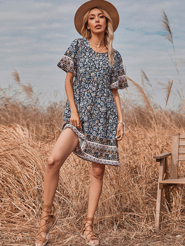 Vintage-Inspired Printed Short Dress – Round Neck, Lightweight & Flowy