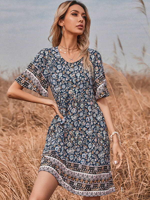 Vintage-Inspired Printed Short Dress – Round Neck, Lightweight & Flowy
