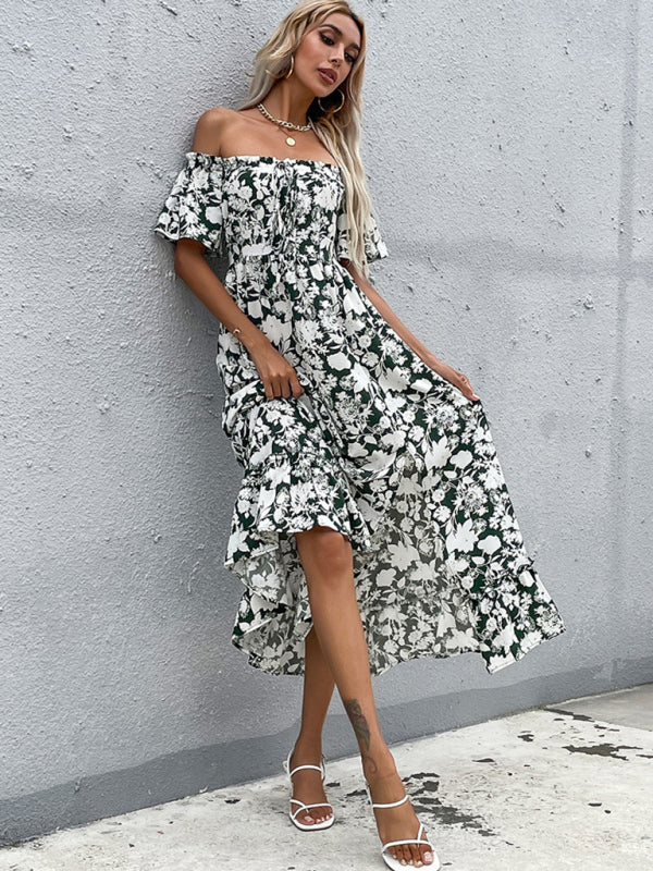Printed One-Shoulder Slim Midi Dress – Short Sleeve, Nipped Waist Fit