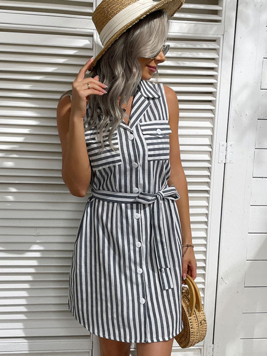 Grey Striped Sleeveless Waist Shirt Dress