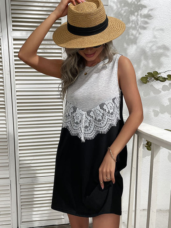 Sleeveless Lace Stitching Midi Dress – Elegant Round Neck Lightweight Style