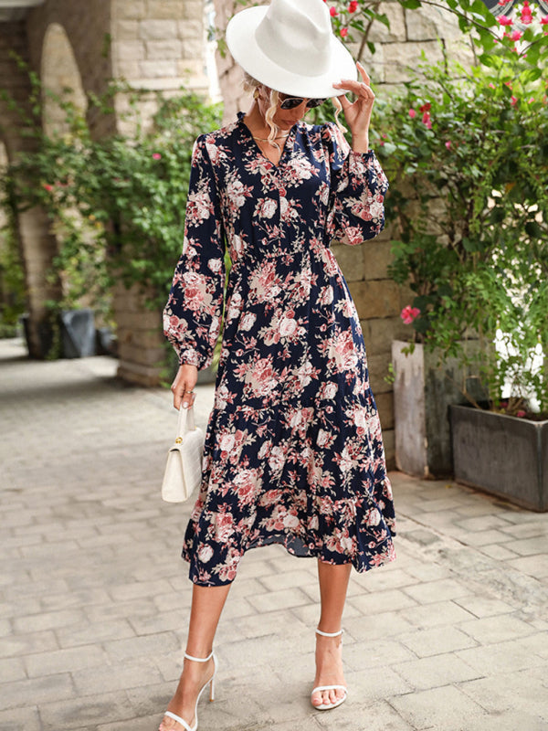 Retro Printed Long-Sleeve Midi Dress – Leisure Style for Spring & Autumn