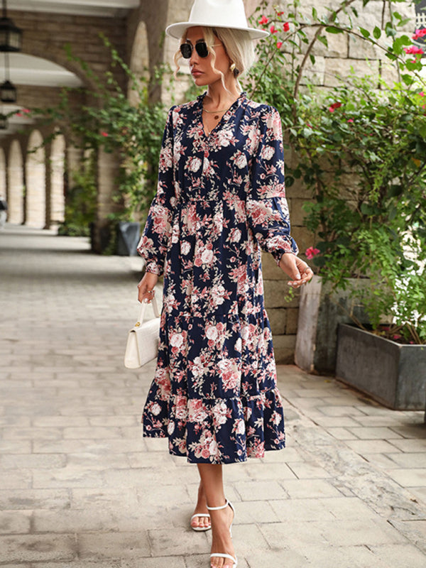 Retro Printed Long-Sleeve Midi Dress – Leisure Style for Spring & Autumn