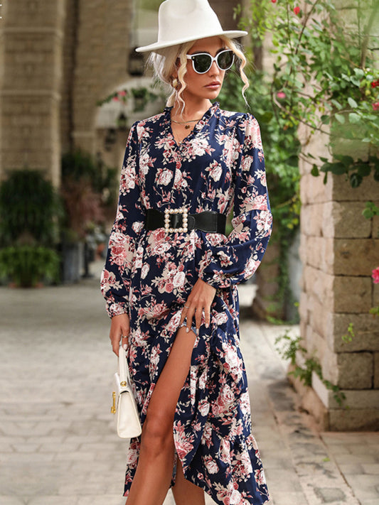 Retro Printed Long-Sleeve Midi Dress – Leisure Style for Spring & Autumn