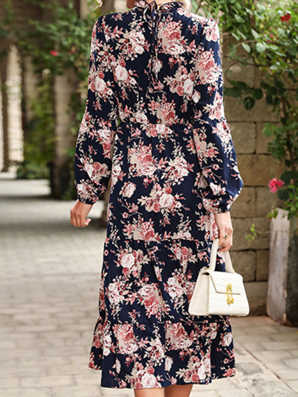 Retro Printed Long-Sleeve Midi Dress – Leisure Style for Spring & Autumn