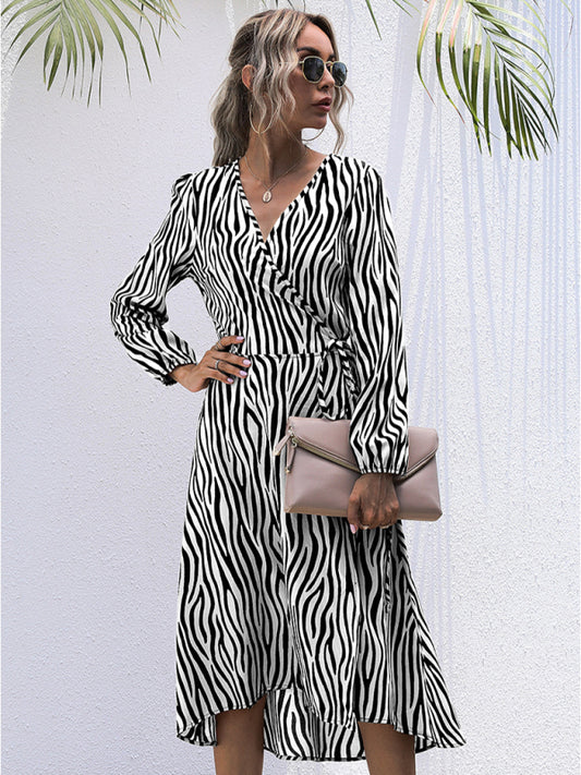 Zebra Print V-Neck Long Sleeve Midi Dress – Tie Waist & Lantern Sleeves