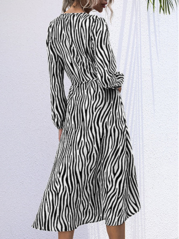 Zebra Print V-Neck Long Sleeve Midi Dress – Tie Waist & Lantern Sleeves