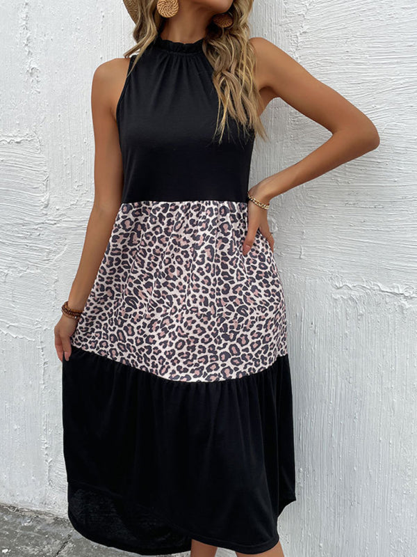 Slim Fit Halter Sleeveless Dress with Leopard Panel – Lightweight Polyester