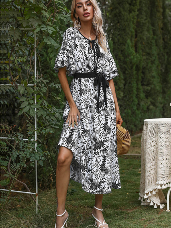 Printed V-Neck Mori Style Midi Dress – Short Petal Sleeves, Spring-Summer