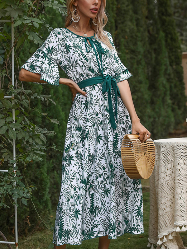 Printed V-Neck Mori Style Midi Dress – Short Petal Sleeves, Spring-Summer