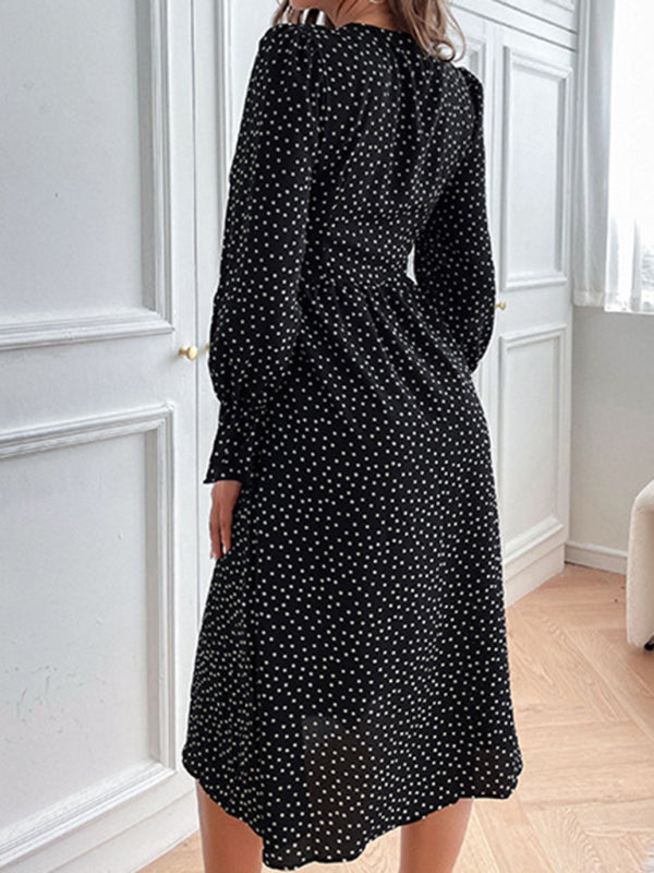 Black Polka Dot Long Sleeve Midi Dress – V-Neck, Princess Sleeves, Spring-Summer