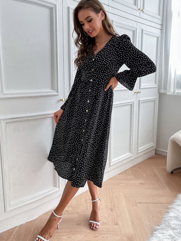 Black Polka Dot Long Sleeve Midi Dress – V-Neck, Princess Sleeves, Spring-Summer