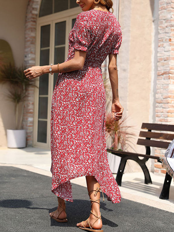 Red Retro Floral V-Neck Midi Dress – Irregular Hem & Short Sleeves