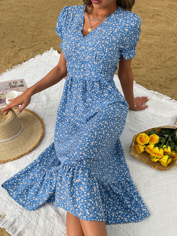 Floral Forest Midi Dress – Lightweight A-Line with Short Sleeves for Summer