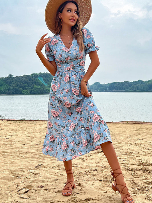 Retro Print V-Neck Maxi Dress – Lightweight Summer Beach Style