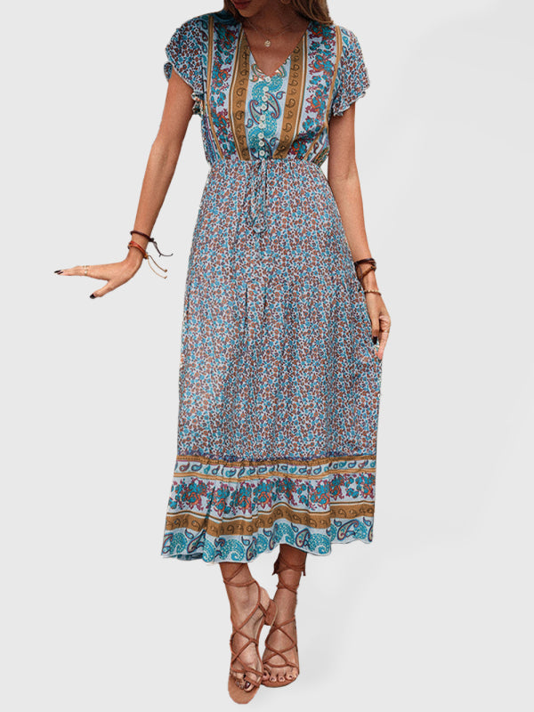 Green Retro Print Summer Dress – Lightweight Viscose, Slimming Fit