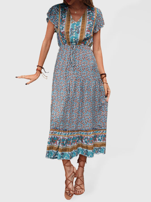 Green Retro Print Summer Dress – Lightweight Viscose, Slimming Fit