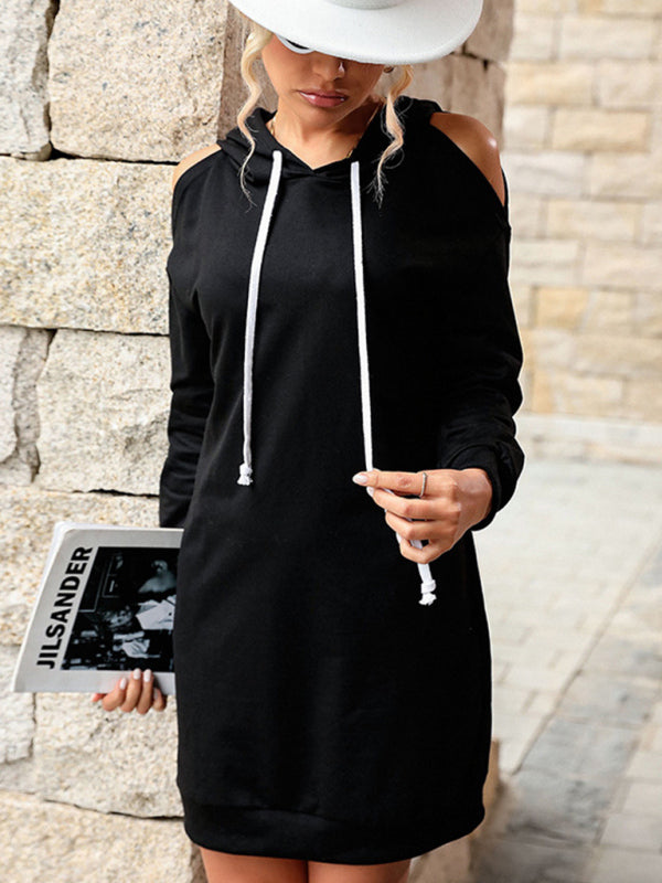 Off-Shoulder Hooded Sweater Dress – Long Sleeve Loose Fit in Solid Color