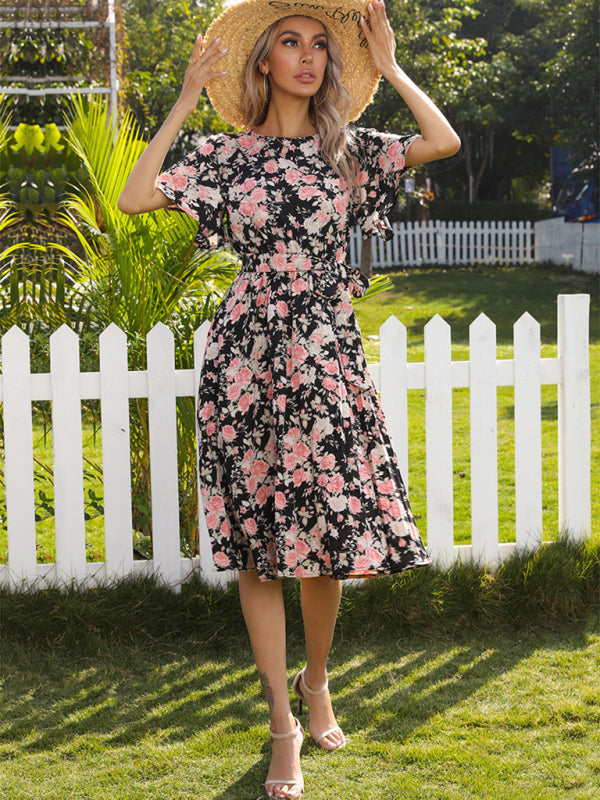 Vestido midi plisado con volantes en las mangas – Cuello redondo y cintura con lazo