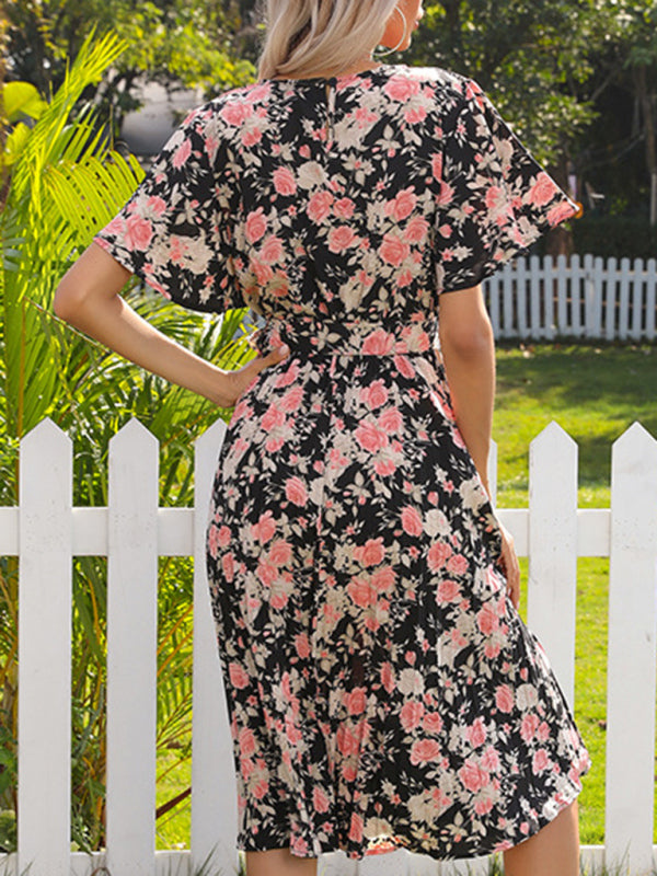 Vestido midi plisado con volantes en las mangas – Cuello redondo y cintura con lazo