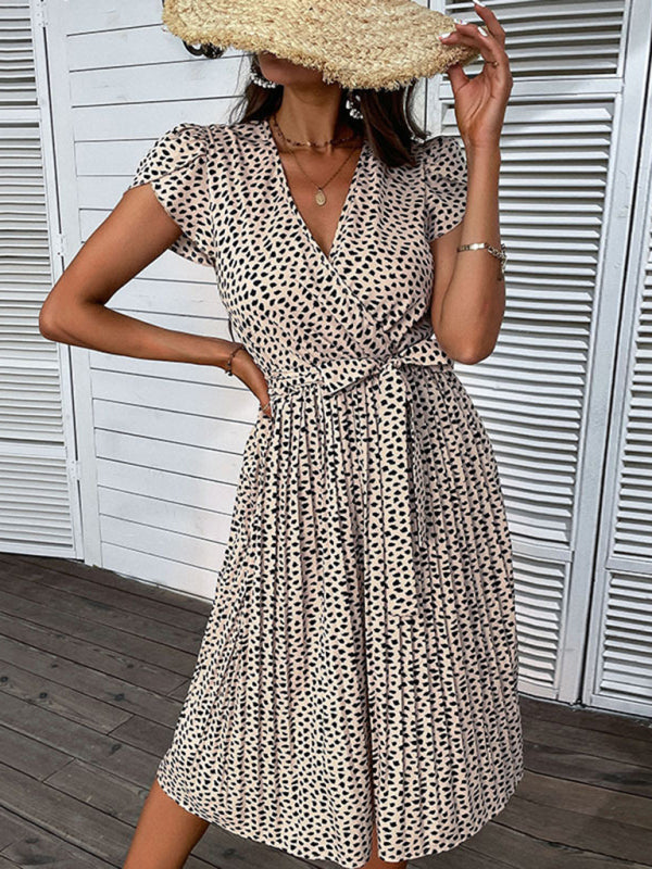 Leopard Print V-Neck Beach Dress – Flowy Fit, Short Sleeves, Size Inclusive