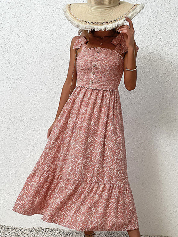 Pink Floral Ruffle Tie-Waist Midi Slip Dress – Sleeveless Summer Style