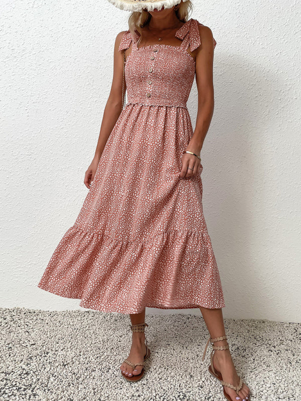 Pink Floral Ruffle Tie-Waist Midi Slip Dress – Sleeveless Summer Style
