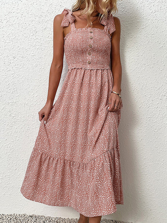 Pink Floral Ruffle Tie-Waist Midi Slip Dress – Sleeveless Summer Style
