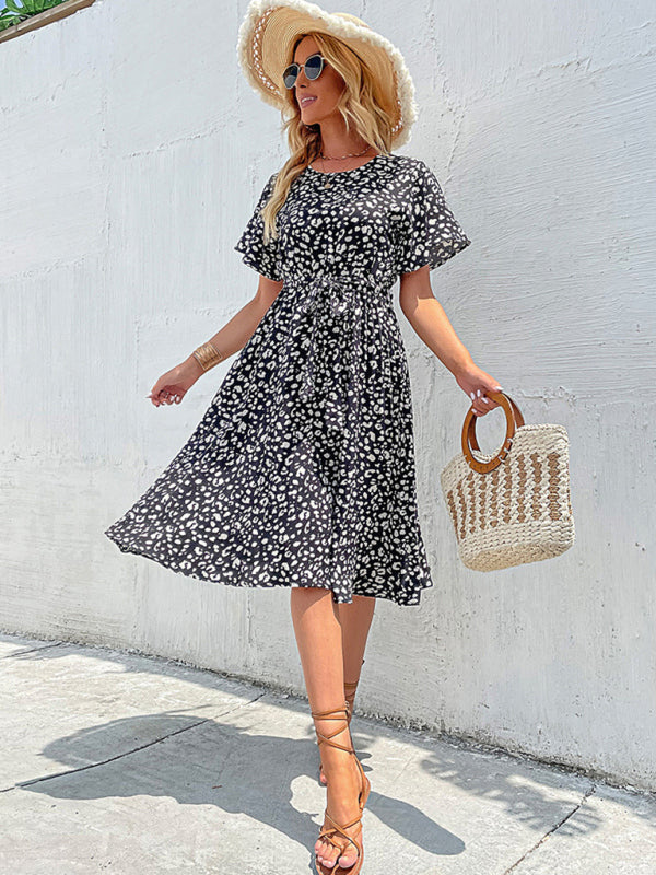 Retro Black Floral Midi Dress – Elegant A-Line Style, Spring-Summer Ready