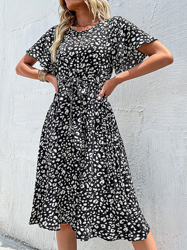 Retro Black Floral Midi Dress – Elegant A-Line Style, Spring-Summer Ready