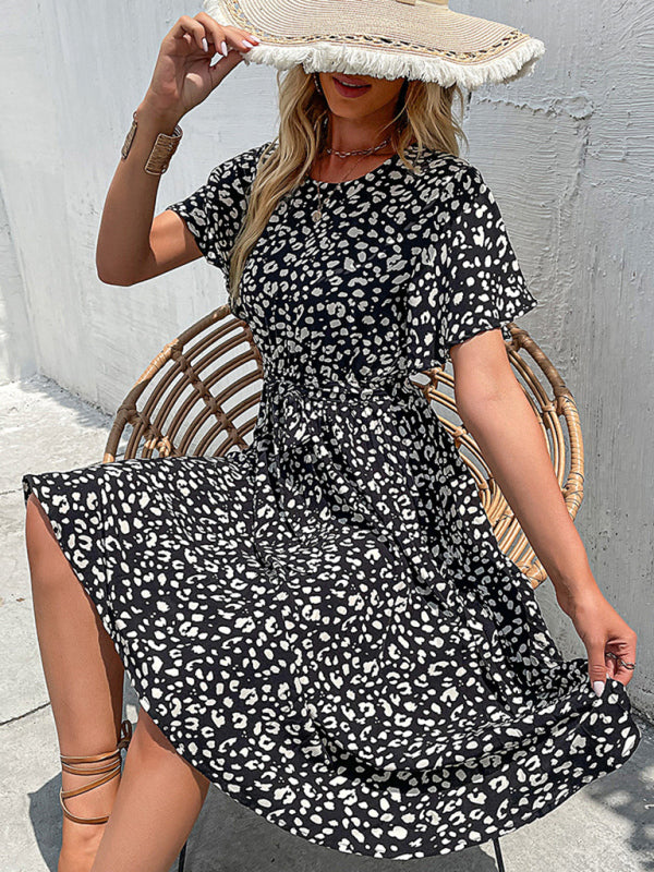 Retro Black Floral Midi Dress – Elegant A-Line Style, Spring-Summer Ready