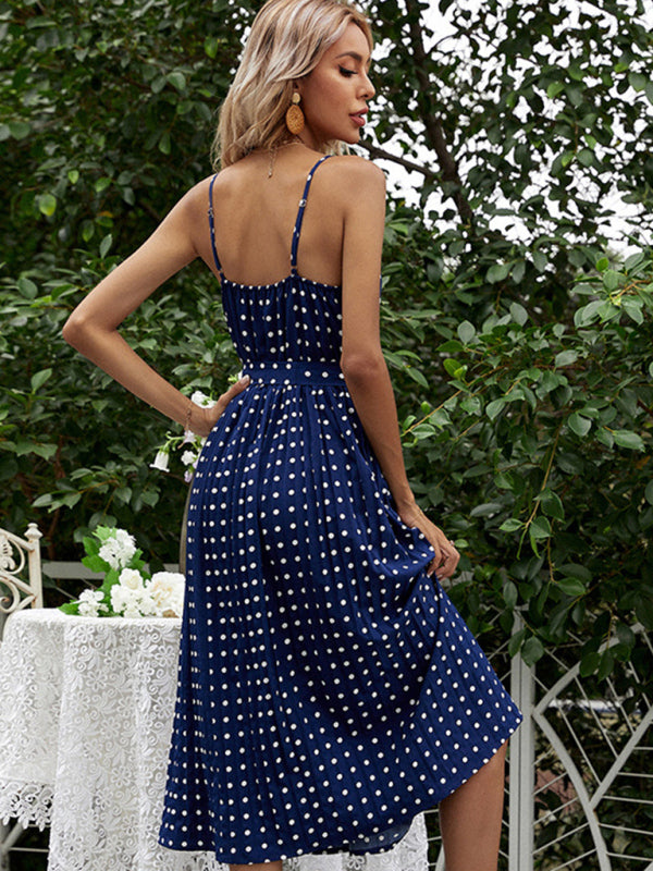 Polka Dot Mid-Length Slip Dress – Lace-Up Pleated Design, Sleeveless