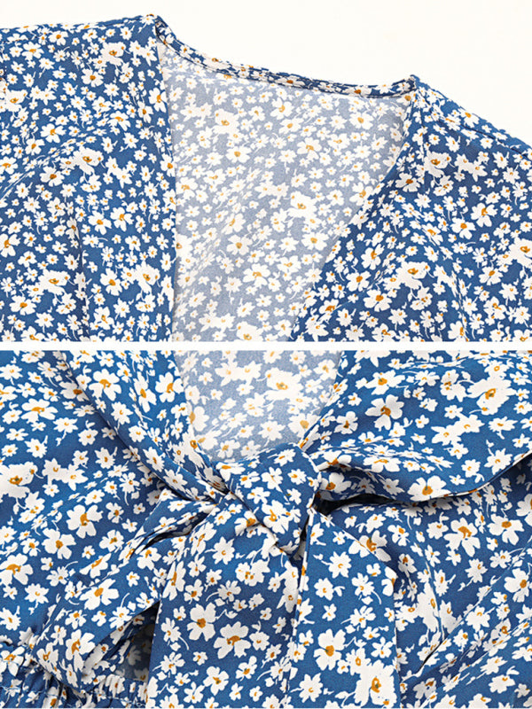 Blue Bow Knot Short-Sleeve Dress – Elegant Summer Style