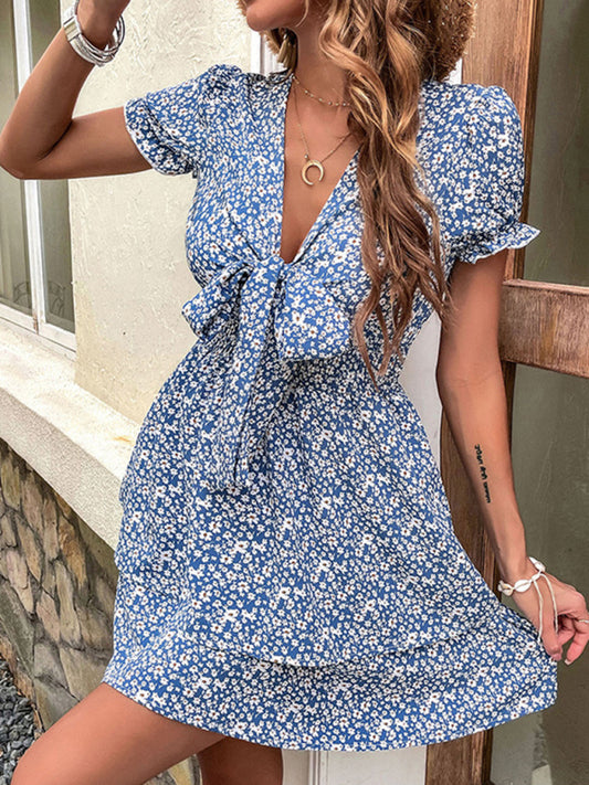 Blue Bow Knot Short-Sleeve Dress – Elegant Summer Style