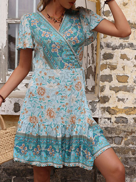 Retro Blue Short Sleeve Summer Dress – Lightweight Draped A-Line Fit