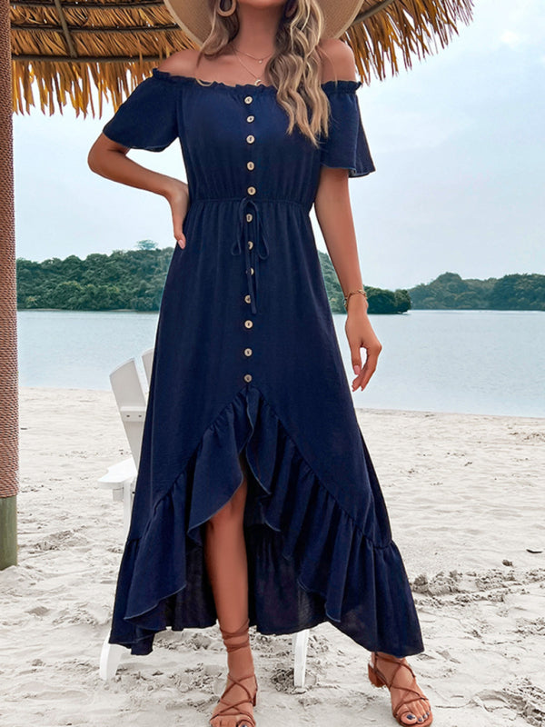 One-Shoulder Ruffle Midi Dress – Irregular Hem in Champlain Blue
