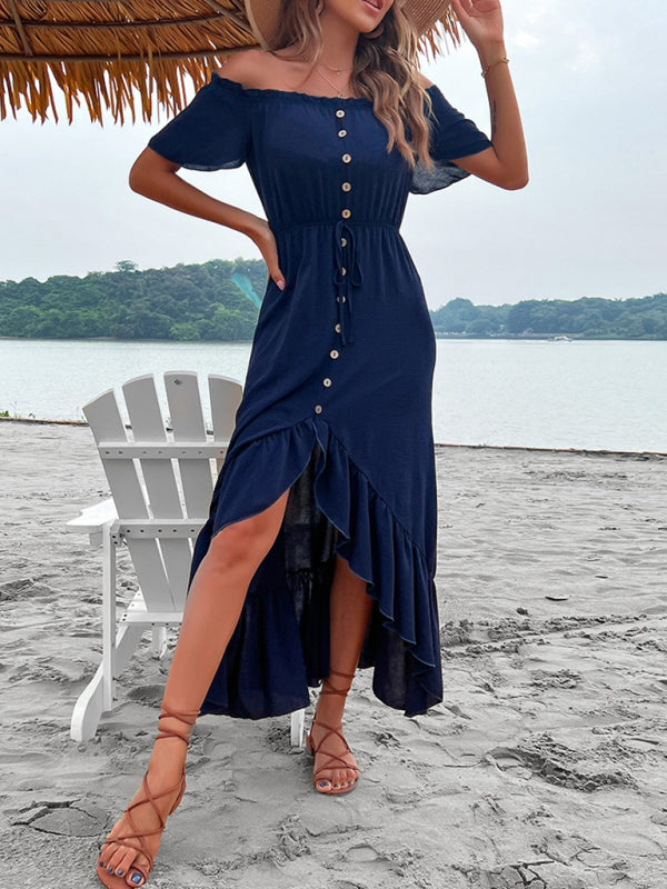 One-Shoulder Ruffle Midi Dress – Irregular Hem in Champlain Blue