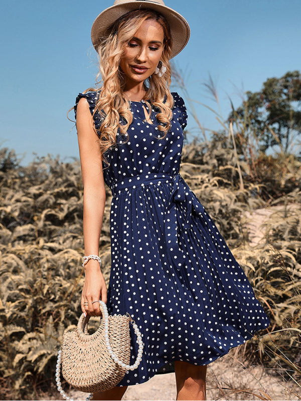 Polka Dot Sleeveless A-line Dress - Lightweight Pleated Skirt, Summer Casual