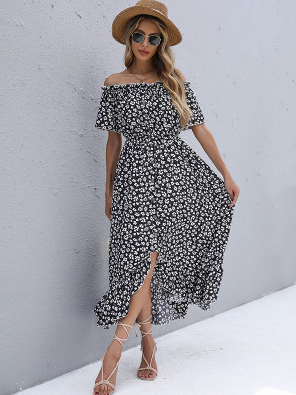 One-Shoulder Floral Midi Dress – Asymmetric Hem, Short Sleeves