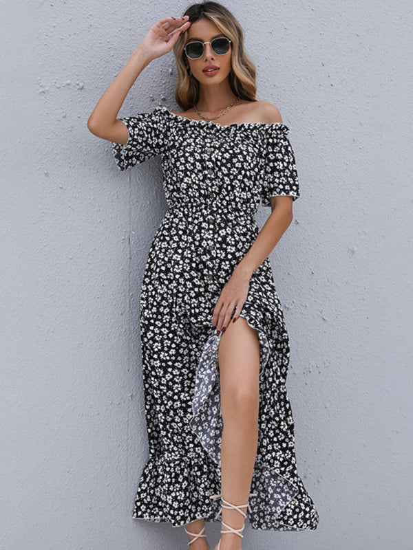One-Shoulder Floral Midi Dress – Asymmetric Hem, Short Sleeves