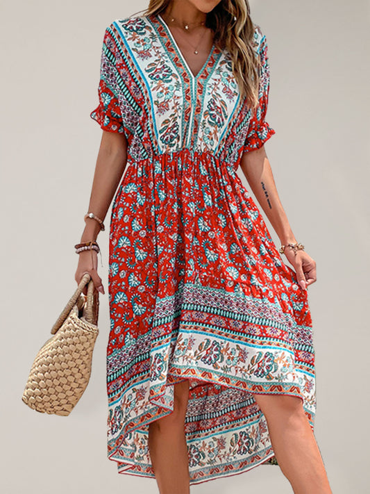 Vintage Print Slim Midi Resort Dress – Irregular Hem & Short Sleeves