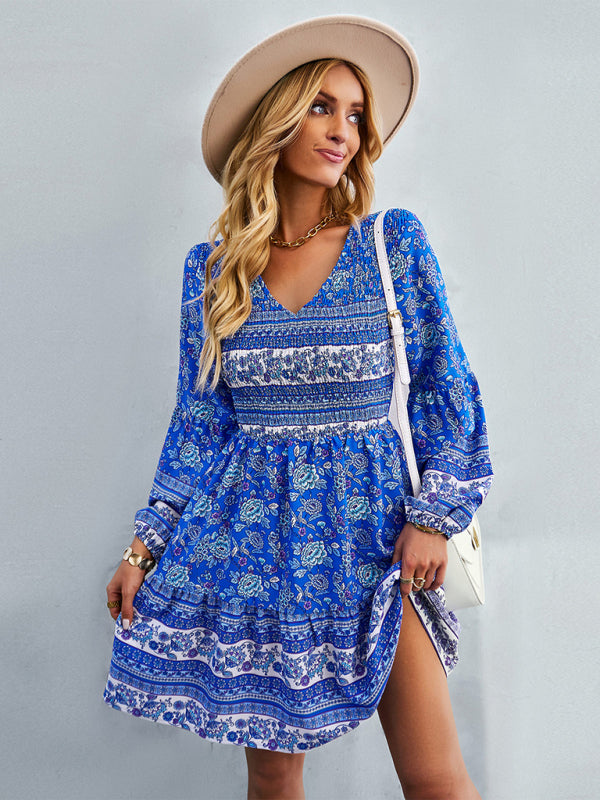 Bohemian Long Sleeve Casual Dress – Woven Polyester, Relaxed Fit