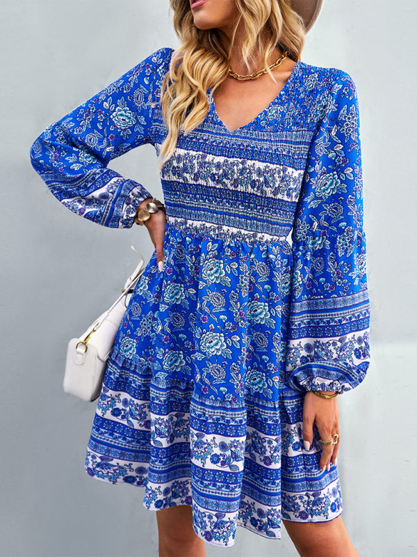Bohemian Long Sleeve Casual Dress – Woven Polyester, Relaxed Fit