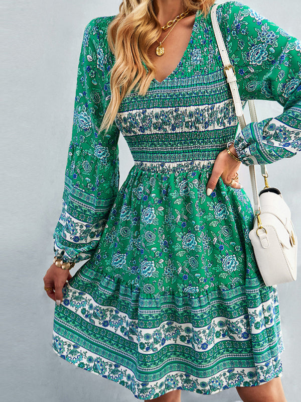 Bohemian Long Sleeve Casual Dress – Woven Polyester, Relaxed Fit