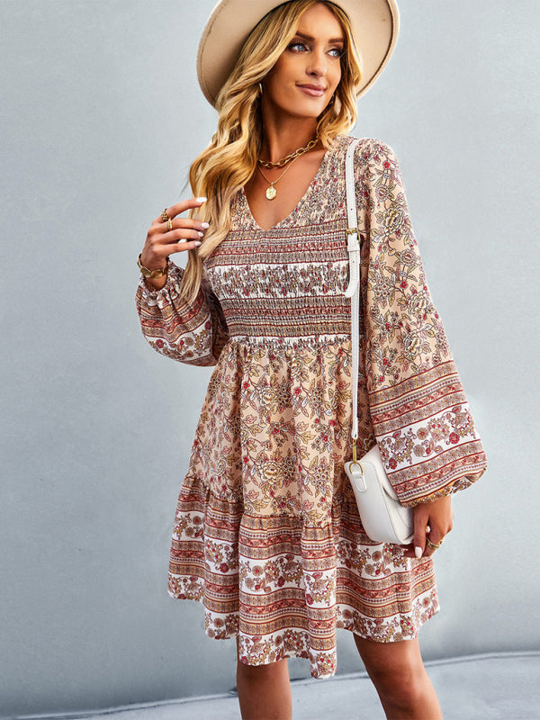 Bohemian Long Sleeve Casual Dress – Woven Polyester, Relaxed Fit