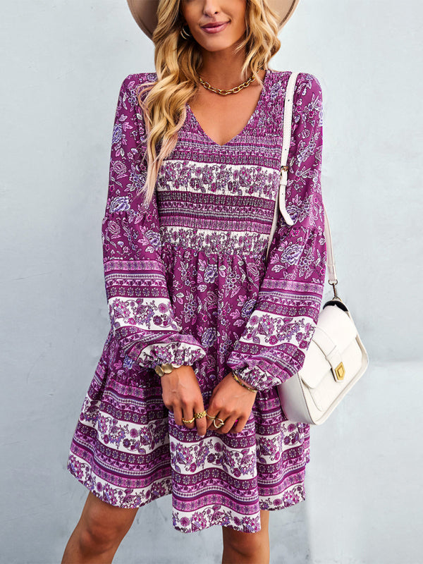 Bohemian Long Sleeve Casual Dress – Woven Polyester, Relaxed Fit