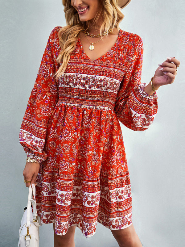Bohemian Long Sleeve Casual Dress – Woven Polyester, Relaxed Fit
