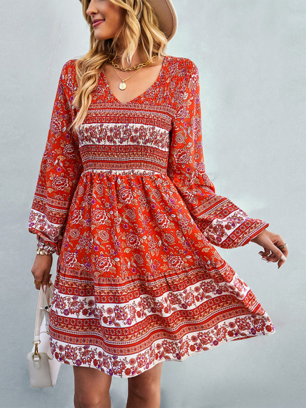 Bohemian Long Sleeve Casual Dress – Woven Polyester, Relaxed Fit